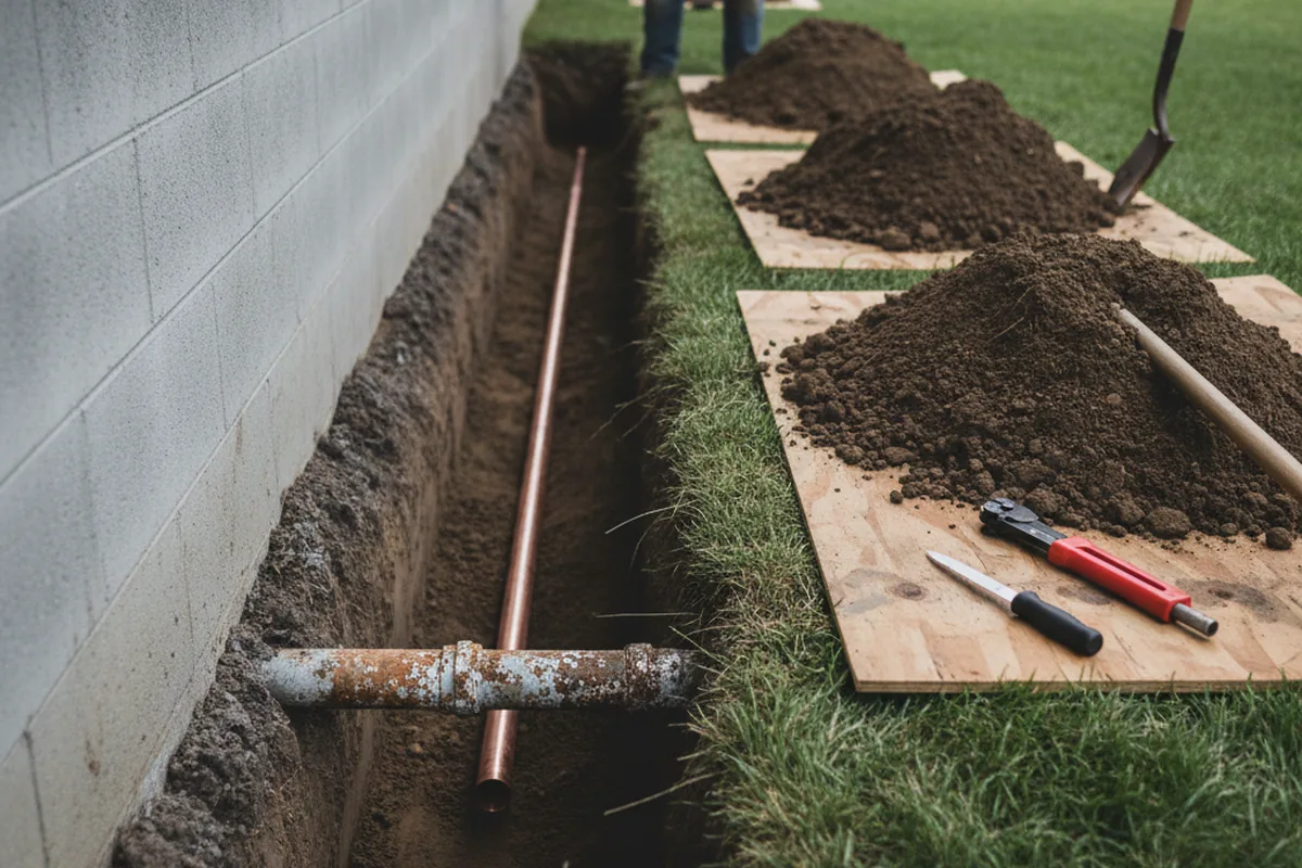 Excavated water line trench during Water Softener Installation in Fairhope